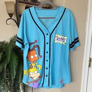 Nickelodeon Rugrats Blue Button Down Short Sleeve Baseball Jersey 90s Y2K Top